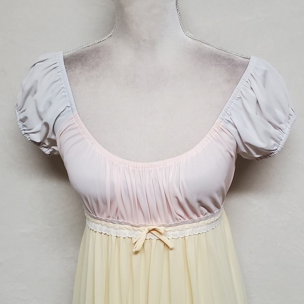 1960s Vintage Jrs by Barad Regencycore Pink Yellow Off-Shoulder Lace Nightgown - Picture 5 of 16